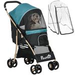 PawHut Dog Stroller with Rain Cover, Foldable Dog Pram, 4 Wheels Pet Pushchair with Safety Leashes, for Small, Miniature Dogs, Cats - Dark Green