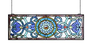 Yolic Extra Large Horizontal 35 Inch Blue Victorian Stained Glass Window Panels Hanging Transom Window 12 Inch Wide