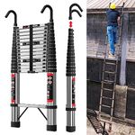 Telescopic Ladder with Hooks, 4.4M Attic Ladders Stainless Steel Folding Ladder 14 Steps, 330LBS Load, Muilti-Purpose Foldable & Extendable Ladder with EN 131 Certification