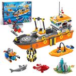 AKWME City Ocean Exploration Boat Building Set with LED Light, Fun Arctic Explorer Ship Building Block Kit with Helicopter, Submarine and Shark Cage, Birthday Gift Toy for Boys Girls Kids Aged 6+