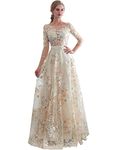 Sarahbridal Women's Embroidery Floral Print Tulle Evening Prom Dress with Long Sleeve Champagne US16