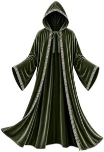JPXH Adult Hooded Wizard Robe Costume, Velvet Cloak with Gold Trim