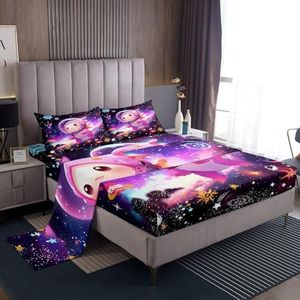 Castle Fairy Cartoon Axolotl Fitted Sheet Set Full Size 4 Pcs,Sea Animals Outer Space Teens Sheets,Starry Sky Planet Bedding Sets (1 Fitted,1 Flat,2 Pillowcases)