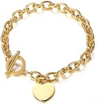 Wang Gao Elegent Love Stainless Steel Link Chain Blank Heart Charms Bracelet for Women Fits 5.43-6.2'' Wrist Toggle Clasp Closure Gold…