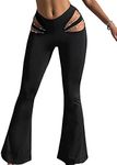 Verdusa Women's Mid Waist Cut Out Laddering Stretch Comfy Flare Leg Night Out Pants Rhinestone Black M