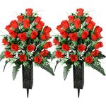 Kukooka Artificial Cemetery Flowers, Grave Memorial Flowers with Vase, Artificial Rose Bouquet Decoration for Cemetery Headstones Gravesites, Set of 2 (Red), White