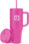 IRON °FLASK Co-Pilot 40 oz Insulated Tumbler w/Straw & Flip Cap Lids - Cup Holder Bottle for Hot, Cold Drink - Leak-Proof - Water, Coffee Portable Travel Mug - Pink Tulip