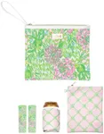 Lilly Pulitzer Water Resistant Vinyl Beach Day Pouch, Zipper Bag Includes Drink Hugger, Small Pouch, and Towel Clips, Lime Feeling Good