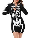 HDE Women's Skeleton Dress Halloween Costume Stretchy Long Sleeve Mini Dress, Black, Medium