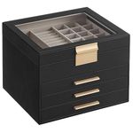 SONGMICS Jewelry Box with Glass Lid, 4-Layer Jewelry Organizer, 3 Drawers, 8 x 9.1 x 6.5 Inches, Graphite Black and Gold Color UJBC173B01