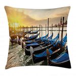 ABAKUHAUS Venice Throw Pillow Cushion Cover, Line of Traditional Gondolas on the Water Calm Peaceful Seascape with Rising Sun, Decorative Square Accent Pillow Case, 16 X 16 Inches, Blue Yellow