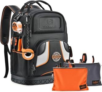 Tool Bag Backpack with 2 Canvas Tool Pouch Tool Kit, HVAC Heavy Duty Construction Tools Backpack for Men, 1680D Professional Level Durable Tool Organizer, with Molded Base & Combination Lock