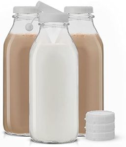 JoyJolt Glass Milk Bottle with Lid AND Pourer Multi-Pack. 32 Oz Reusable Glass Bottles with 6 Lids! Glass Milk Jug Pitcher,Buttermilk,Water or Juice Bottles with Caps,Syrup,Honey or Sauce Container