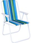 AURINA Folding Beach Chair for Outdoor Garden, Balcony & Camping | Portable Lightweight Relax Chair with Armrests | Heavy Duty Metal Frame & Comfortable Fabric Seat (Blue & Green Stripes)