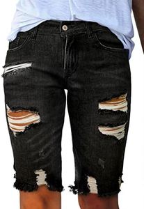 Sidefeel Women's Bermuda Shorts Stretchy Ripped High Rise Summer Jeans Raw Hem Denim Shorts Black Size 4