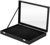 HS Ring Display Box Case - Jewelry Storage Organizer with Glass Lid & Velvet Lining - Holder Tray Fits up to 100 Rings - Black