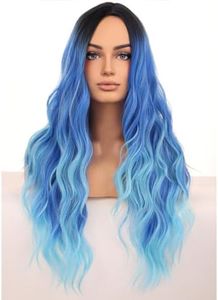 BERON Women's Blue Wigs Long Wavy Hair Wig for Girls Ombre Colored Curly Heat Resistant Synthetic Hair Wigs for Cosplay Party Daily or Used