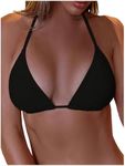 SOLY HUX Women's Halter Triangle Bikini Top Tie Back Bathing Suit Top Sexy Swimwear for Women A Plain Black Large