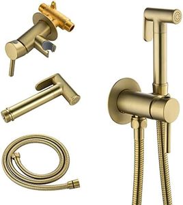 SHAMANDA Warm Water Bidet Sprayer for Toilet with Hot and Cold Brass Rough-in Valve, Stainless Steel Round Handheld Bidet Attachment Set for Feminine, Pets and Baby Diaper Wash, Brushed Gold, BDS09-3