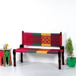 FURNWEAVE Srima Wooden Bench for Living Room | Handcrafted Sheesham Wood Backrest Bench for Balcony & Garden | Traditional Rajasthani Patio for Outdoor with Cotton Handwoven Rope | Colorful 2