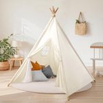 Wilwolfer Kids Teepee Tents Indoor: Toddler Tipi Play Tents Cotton Large with Storage Bag Colourful Flags and Window Foldable Off-White Playhouse Toys House for Grils Boys Birthday Gift
