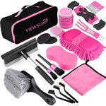 Viewsun 19PCS Car Cleaning Kit, Pink Car Detailing Kit Interior and Exterior for Women - Cleaning Gel, Razor Blade Scraper, Tire Brush, Car Wash Mitt, Squeegee, Microfiber Wax Applicator