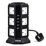 Extension Lead, PRITEK 12 Outlets Extension Socket 10A/2500W 1000J Surge Protector Tower Power Strip with 6.5ft Extension Cord 5V/4.5A Smart USB Charging Ports Suit for Cellphone Tablet and more