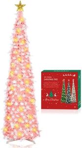 HMASYO 5 FT Pop Up Christmas Tree with Timer Lights, Pink Tinsel Snowflake Christmas Tree, Collapsible Artificial Pencil Tree Xmas Decoration for Home, Office, Party, Easy Assembly