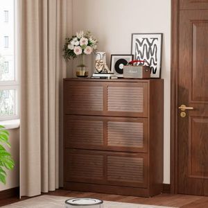 WoodsWhisper Solid Wood Shoe Cabinet for Entryway with 3 Flip Drawers, Narrow Shoe Organizer with Breathable Slatted Doors, Freestanding Hidden Shoe Rack for Hallway (Walnut, 39" W)