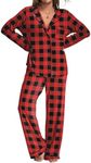 Ekouaer Womens Pajamas Set 2 Piece Button Down Pjs Soft Long Sleeve Top and Pants Sleepwear Set Lounge Sets Red Plaid XS