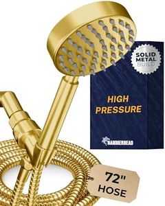 HammerHead Showers® Solid Metal Handheld Shower Head with Hose and Brass Holder - BRUSHED GOLD - 2.5 GPM High Pressure Shower Heads with Adjustable Shower Wand Bracket - 6ft Flexible Extension
