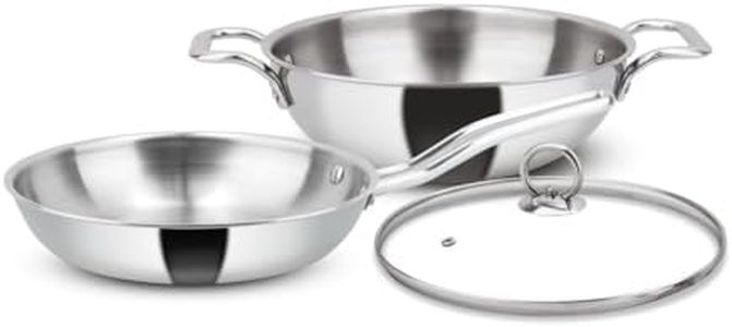 Orange Triply Stainless Steel Cookware 3 Pc Combo Set | 1Pc Deep Kadai(24cm/3Ltr), 1Pc Fry Pan(22cm/1.5Ltr) with 1Pc Sturdy Glass Lid | Induction Friendly | Silver