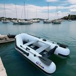 10FT Inflatable Boat,3-4Person Portable raft, 2 Aluminum seat Board and 5Aluminum Floor, 3 Independent air Tubes,14 inch Large Float.Ultra Portable Design (Cylindrical Tail) (7.5FT White)