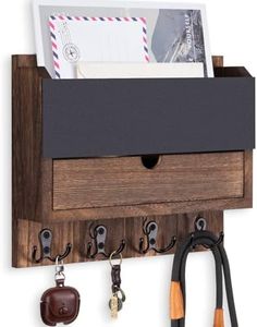 Lucundm Mail and Key Holder Wall Mount with Storage Drawer – Modern Wooden Mail Organizer for Wall Entryway, 7 Key Hooks & Chalkboard Panel – Stylish Home Decor for Apartments, Living Room, Office
