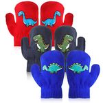 EBOOT 3 Pairs Toddler Dinosaur Baby Mittens Winter Knitted Kids Gloves Warm Ski Gloves Unisex Baby Gloves for 1 to 4 Years (Lovely, Dark Gray, Red, Sky Blue)