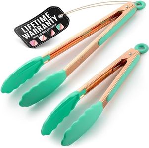 Zulay Stainless Steel Kitchen Tongs with Silicone Tips - Set of 2 (9” & 12”) Locking Cooking Tongs with Non-Slip Grip - Heat Resistant, BBQ Food Tongs for Non-Stick Cooking Pans (Rose Gold/Mint)