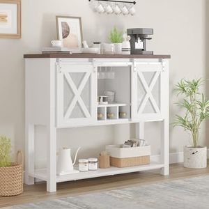 GAOMON Coffee Bar Cabinet, Farmhouse Sideboard Buffet Cabinet with Sliding Barn Doors, Wine Racks, Open Storage Shelf, for Kitchen, Dining Room, Entryway, White