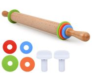 Rolling Pin with 4 Adjustable Thickness Rings 13.6 Inch Wooden Dough Roller for Baking, Dough, Cookie, Cake, Fondant, Pizza and Pie Crust