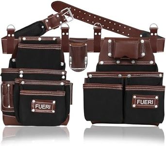 FUERI Nylon & Leather Tool Belts for Men | Heavy Duty Tool Bag set with 2 Pouches, Plier Holder, Foam Padded Belt & Loops for Framers Carpenters Electrician and Construction Tools (Black & Brown)