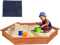 Maxmass Kids Wooden Sandbox, Large Hexagon Sand Pit with 3 Bench Seats, Protective Cover and Bottom Liner, Children Outdoor Sandpit for Garden Beach Backyard