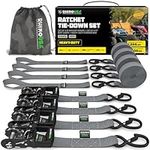 RHINO USA Ratchet Straps Tie Down Kit, 5,208 Break Strength - Includes (4) Heavy Duty Rachet Tiedowns with Padded Handles & Coated Chromoly S Hooks + (4) Soft Loop Tie-Downs