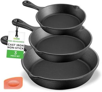 NutriChef Pre-Seasoned Cast Iron Skillet Pans - 3 Pieces Kitchen Frying Pan Nonstick Cookware Set w/Drip Spout - Includes Scraper - Electric Stovetop, Induction, Gas Range, Ceramic - NutriChef NCCI76