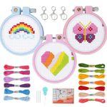 GEBETTER 3 pcs Cross Stitches Kits for Kids Embroidery Beginner Heart Butterfly Rainbow Design Cross Stitch Craft Set Embroidery Hoops with Instructions for Children