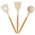 ARJ Silicone Spatula Set for Kitchen Ideal for Non-Stick Cooking Pans Spatulas with Wooden Handle Spatula Turner Serving Cooking Spoon Spatula Combs for Omelet Egg Dosa chapati (Cream)