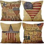 Aoihrraan 16 x 16 Inch Patriotic Cushion Covers Vintage American Flag Retro Usa Farmhouse Style Square Linen Throw Pillow Covers for Living Room Sofa Outdoor Couch, 41x41cm Set of 4 Pillowcases
