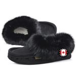 Laurentian Chief Men's Slippers – Suede Moccasin House Slippers for Men with Rabbit Fur Collar, Soft Sole Indoor Moccasins, Handmade in Canada (Black)