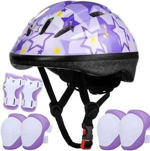 Kids Helmet Adjustable for Kids Ages 3-8 Years Old Boys Girls, Toddler Bike Helmet with Protective Sports Gear Set Knee Elbow Pads Wrist Guards for Cycling Roller Skating Skateboard-(Purple Star)