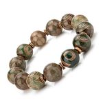 ZenBless Round Grey Tibetan Dzi Beads Bracelet Mala Beads Amulet Bangle Attract Good Luck, 14mm, natural stones