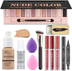 All in One Makeup Set 12 Colors Eyeshadow Palette Matte Foundation Face Primer, 3 Liquid Lipstick, Eyebrow Soap, Winged Eyeliner Stamp, Brush, Sponge, (Set B)