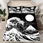 Erosebridal Moon Fitted Sheet Twin,Ocean Waves Bed Sheets Mountain Fuji Bed Cover Japanese Style Bedding Set Marine Coastal Nautical Theme Fitted Sheet White Black 3D Printed Decor for Bedroom,Soft